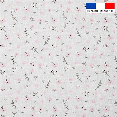 Popeline De Coton Peign Motif Brindilles Et Petites Fleurs Roses