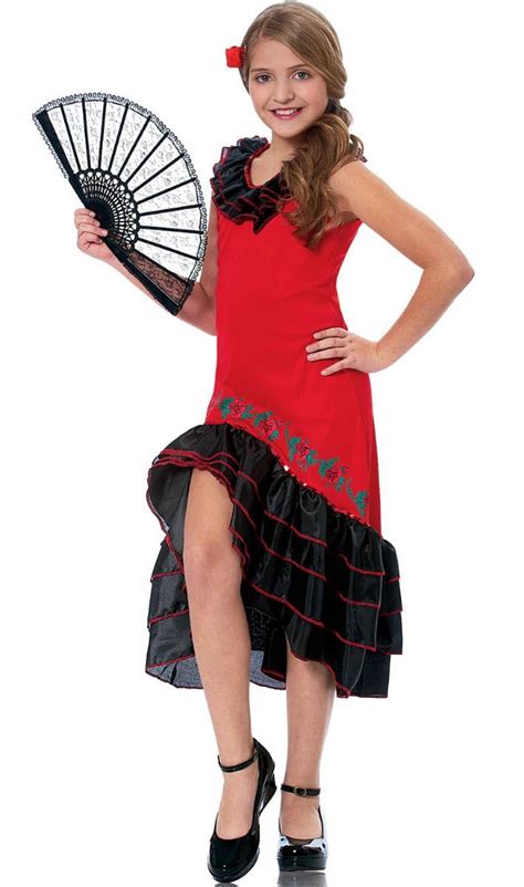 Girls Spanish Senorita Fancy Dress Costume Red Flamenco Costume