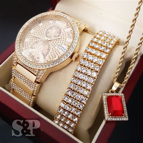 Iced Out Gold Pt Simulated Diamond Watch Bracelet And Necklace Set Dope Jewelry Jewelry Lover