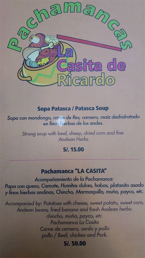 Carta Del Restaurante Pachamancas La Casita Del Ricardo Lima