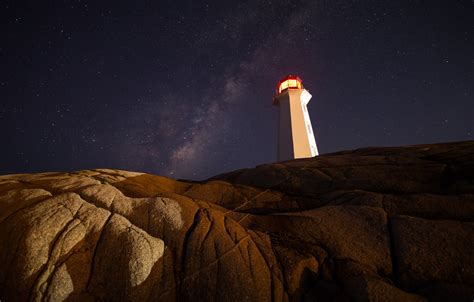 Wallpaper Stars Light Night Stones Rocks Shore Lighthouse The