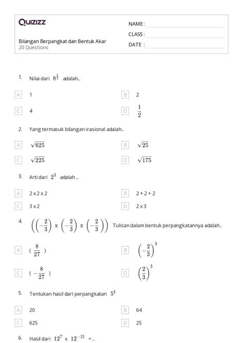 Mais de 50 planilhas Bilangan irasional no Quizizz | Gratuito e imprimível