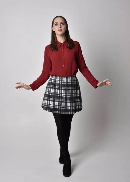 Full Length Portrait Pretty Brunette Girl Wearing Red Shirt Plaid Stock