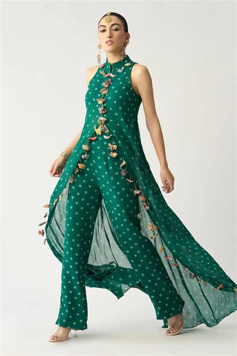 Buy Green Georgette Bandhani Asymmetric Tunic And Pant Set At Aza