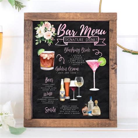 Signature Drinks Sign Chalkboard Signature Cocktails Template Pink Floral Bar Menu Sign