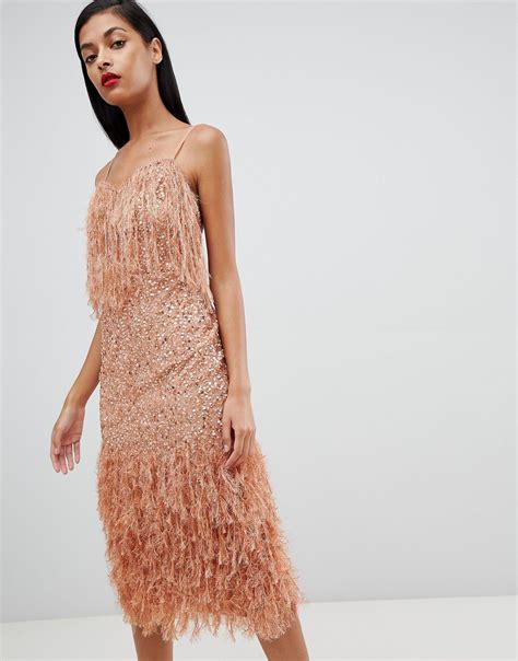 Asos Faux Feather Trim Sequin Midi Dress In Pink Lyst