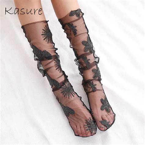 KASURE chaussettes hautes transparentes à motif de fleurs pour femmes