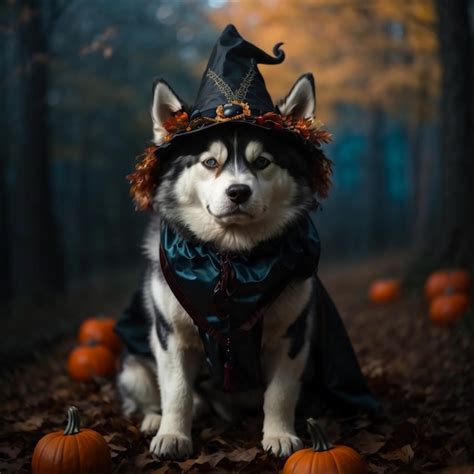 Magical Husky Moments Adorable Siberian Dog in Halloween Costume Amidst Pumpkins and Ornaments ...