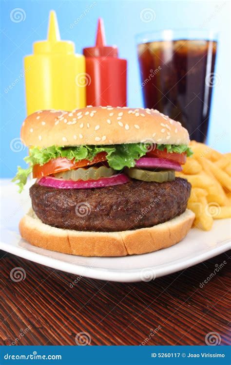 Hamburger with French Fries, Soda and Condiments Stock Image - Image of cola, french: 5260117