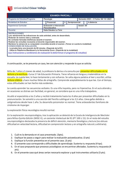 Examen Parcial I EIP EXAMEN PARCIAL I Programa De Estudios Programa