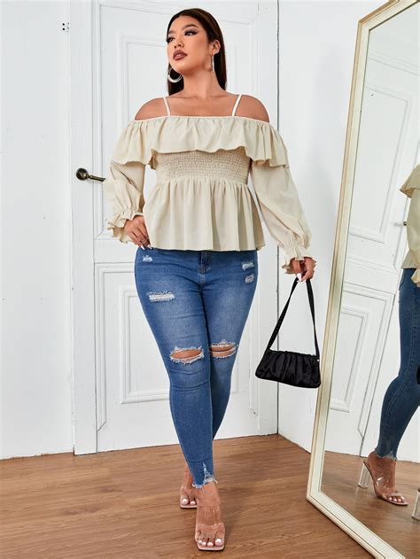 Plus Cold Shoulder Ruffle Trim Flounce Sleeve Peplum Blouse Shein Usa