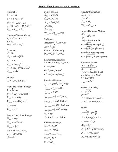 152formulas Formula Sheet For Final Exam Phys 15200 Formulas And