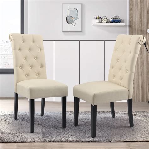 High Back Button Tufting Fabric Upholstered Dining Chairs Beige Set