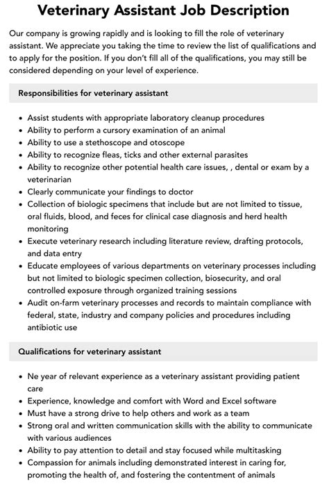 Veterinary Assistant Job Description Velvet Jobs