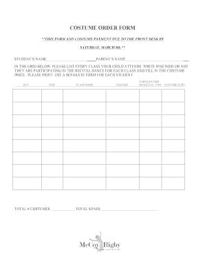 Fillable Online Costume Order Form Fax Email Print Pdffiller