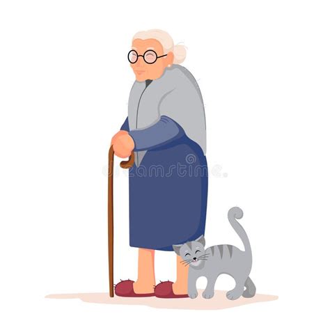 Una Anciana Con Gafas Un Bast N En Las Manos Y Un Gato Lindo