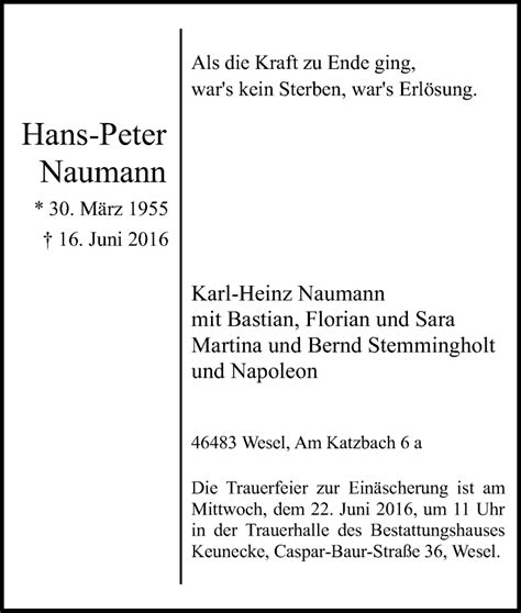 Traueranzeigen Von Hans Peter Naumann Trauer In NRW De