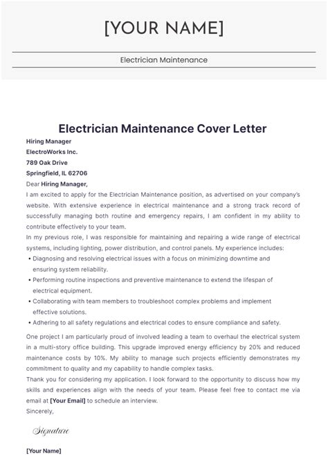 Free Electrician Maintenance Cover Letter Template Edit Online And Download