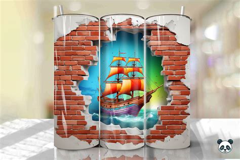 3D Pirate Boat Cracked Hole Tumbler Wrap Graphic By Pandastic