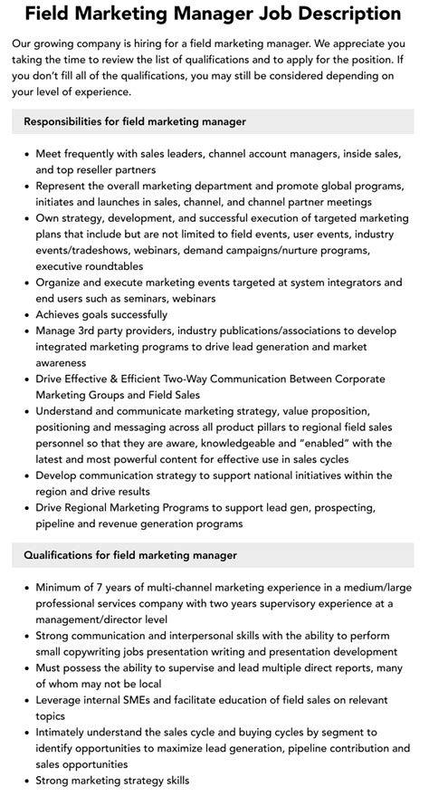 Field Marketing Manager Job Description Velvet Jobs