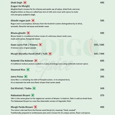 Menu Of Indigo Spice Dombivali East Thane Region