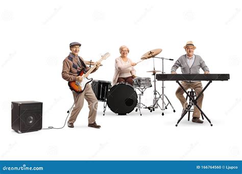 Senior People in a Music Band Playing Drums, Keyboard and a Guitar Stock Photo - Image of happy ...