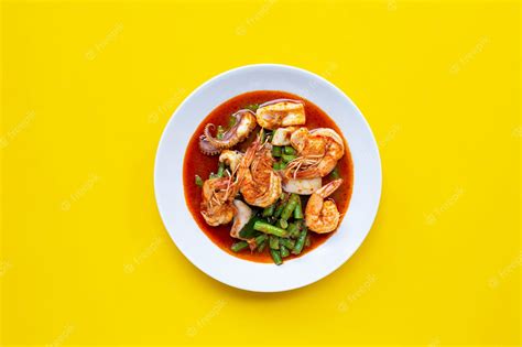 Premium Photo Spicy Stir Fried Seafood And Yard Long Bean With Red