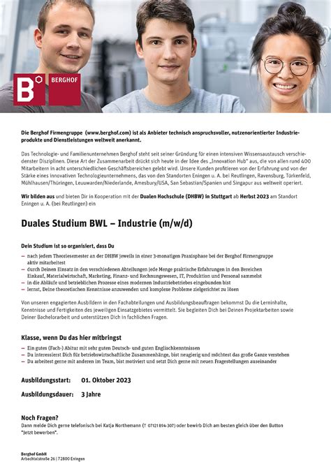 Duales Studium BWL Industrie M W D Berghof