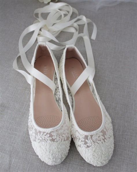 Ivory Lace Round Toe Flats With Ballerina Lace Up Women Wedding Shoes