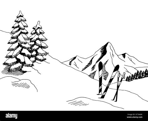 Mountain skiing graphic art black white landscape sketch illustration ...