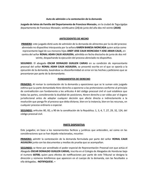 Auto De Admisi N A La Contestaci N De La Demanda Parcial Auto De