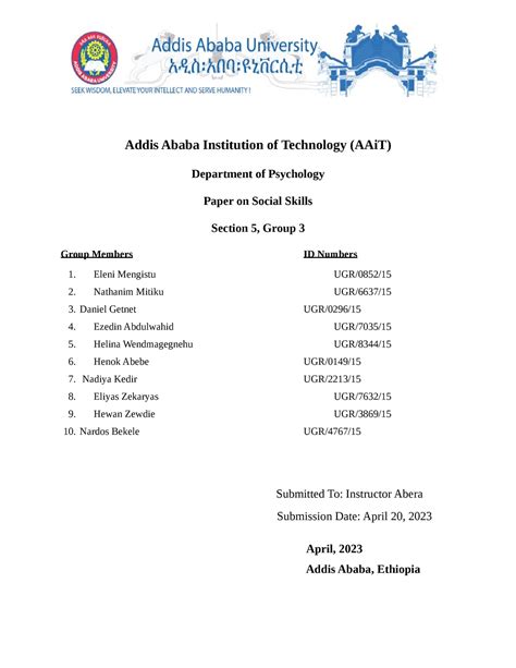 Psychology Assignment Addis Ababa Institution Of Technology Aait