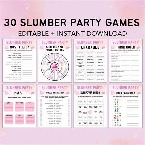 Editable Slumber Party Games Slumber Party Bundle Sleepover