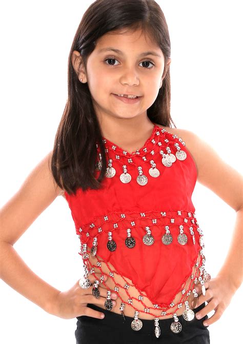 Little Girls Red Chiffon Belly Dance Costume Halter Top With Silver Coins