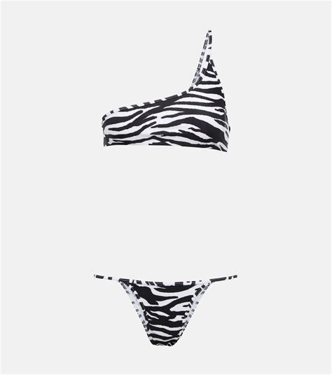 Attico Black Zebra Print One Shoulder Bikini ModeSens