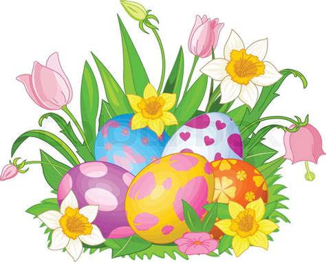 Illustration Of Beautiful Easter Eggs In A Grass And Flowers Vector