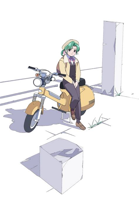 1girl Ground Vehicle Green Hair Motor Vehicle Solo Sitting Motorcycle