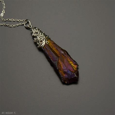 wisiorek talizman kwarc tytanowy aura wire wrapping stal ღ art Madam pl