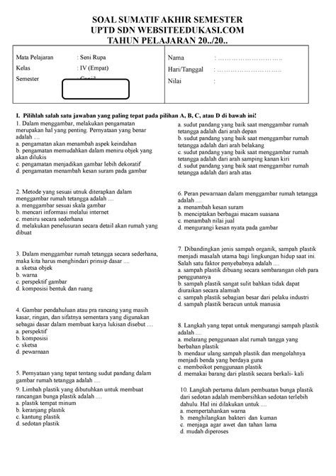 Soal Sas 1 Seni Rupa Kelas 4 Websiteedukasi Soal Sumatif Akhir Semester Uptd Sdn