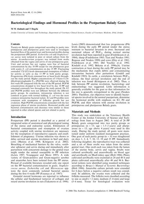 PDF Bacteriological Findings And Hormonal Profiles In The Postpartum