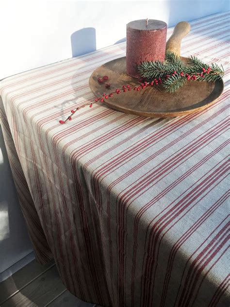 French Ticking Tablecloth Striped Linen Tablecloth Red Striped