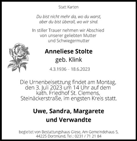 Traueranzeigen Von Anneliese Stolte Sich Erinnern De