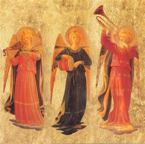 three angels are depicted in this painting on an old paper background ...
