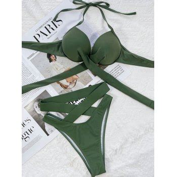 Emmiol Free Shipping Criss Cross Bandage Bikini Set Green M In