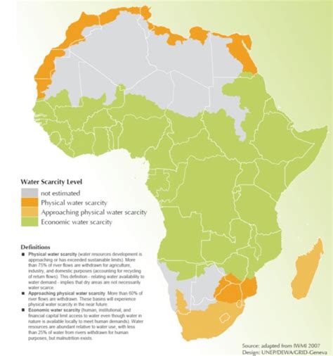 Areas of physical and economic water scarcity in Africa (UNEP 2014 ...