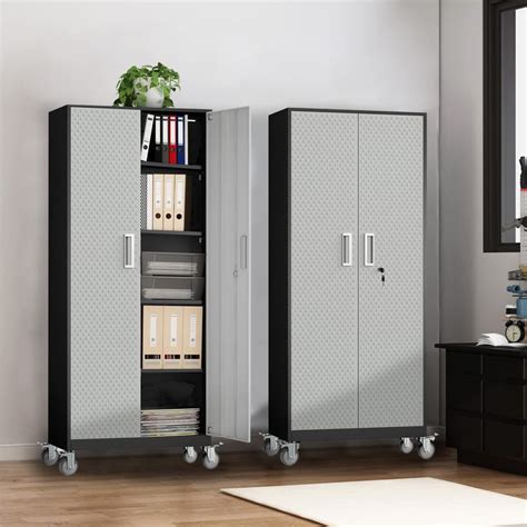 two metal storage cabinets in a room with hardwood floors and white rug ...