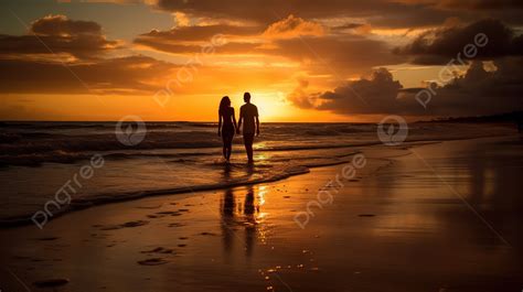 Couple Is Walking To A Beach At Sunset Background Sunset Beach