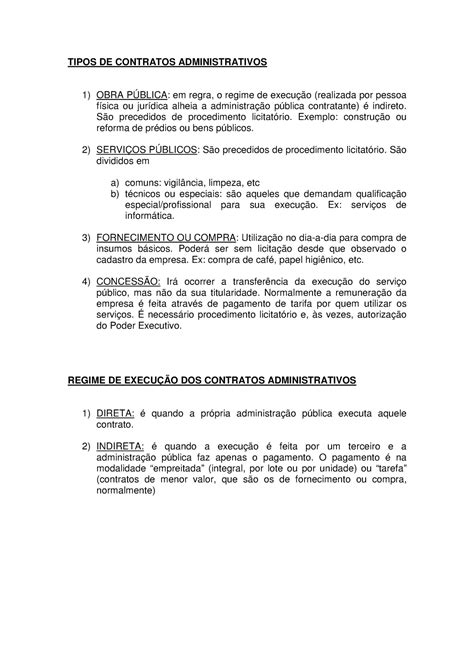 Contratos Administrativos Resumo Tipos De Contratos Administrativos