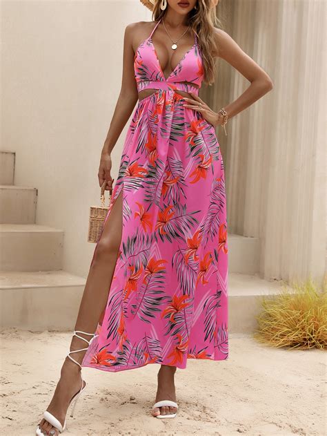 Shein Vcay Tropical Print Backless Knot Halter Neck Slit Thigh Dress