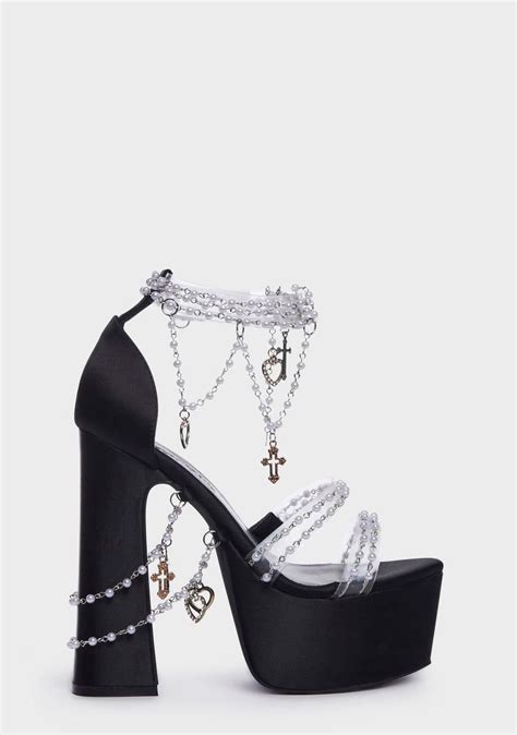 Sugar Thrillz Pearl Beaded Charm Platform Heels Black White Heels